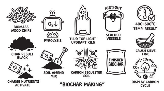 Biochar making process step by step for soil enrichment and carbon sequestration.