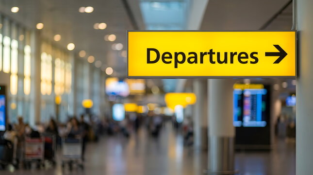 Yellow illuminated departures sign with arrow in busy blurred airport terminal