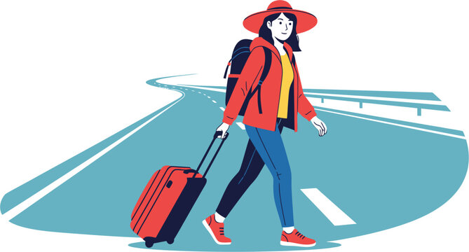 Solo female adventurer with luggage on a long road trip, embarking on a journey to explore new horizons and seeking freedom