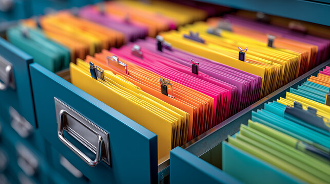 organized colorful filing folders in office cabinet drawer for document management and business record storage