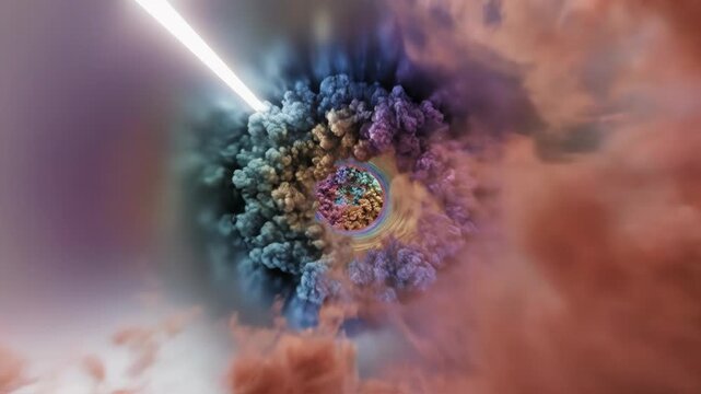 Abstract iridescent smoke tunnel with blue, purple and orange volumetric clouds inside a reflective metallic cylinder with a bright white light streak and depth of field blur.