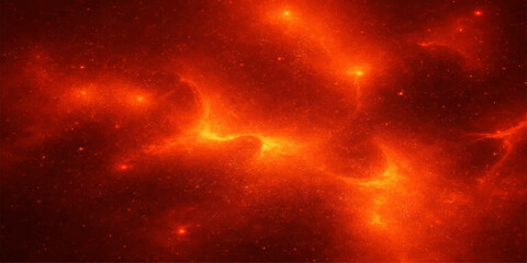 Fiery nebula, a cosmic cloud of incandescent gas and dust, glows with intense orange and red hues, illuminating the vast expanse of space with stellar energy. © LumenCraft