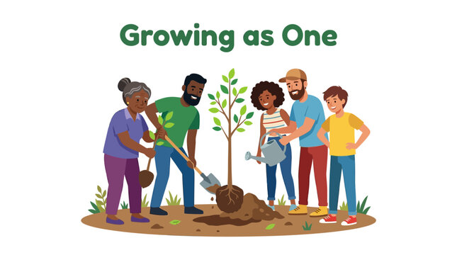 Diverse group of people planting tree together outdoors happily