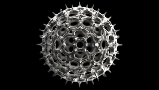 Macro Close-Up of Stunning Silver White Radiolarian Porous Sphere with Sharp Spikes and Lattice Shell Structure on Dark Black Background, Marine Microbiology and Science Concept Photography