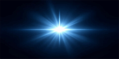 A radiant blue starburst of light illuminates a dark background, emanating powerful rays of energy and brilliance. © LumenCraft