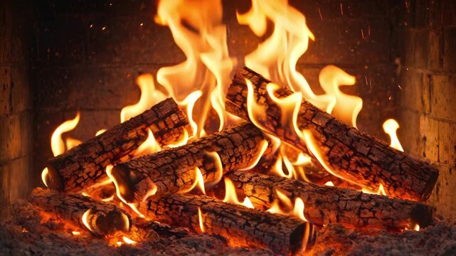 Wood burning in a cozy fireplace at home 4k footage. Glowing logs and vivid flames. Embers shimmer, winter relaxation.
