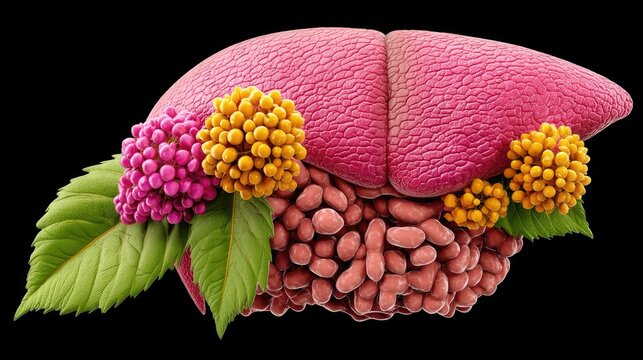 Colorful Illustrated Representation of the Human Liver Surrounded by Flowers and Leaves in a Vibrant Design