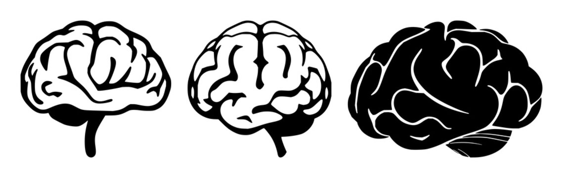Solid black icon, white background: neurology brain synapse icon set with simple line art design featuring outline, illustration, graphic elements with clean design and vector art