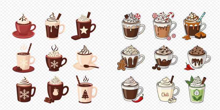 Collection of various hot chocolate and coffee drinks with whipped cream and festive toppings, perfect for winter holidays.