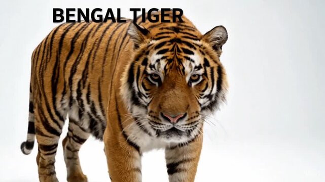 Majestic bengal tiger with striking orange and black stripes walks slowly across a clean white studio background captured in a medium shot with a shallow depth of field