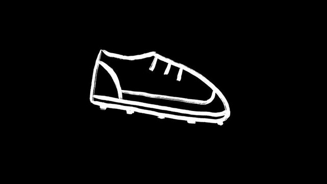 Soccer cleat hand drawn animation, football shoe gear, animated illustration sports footwear, motion design cartoon scene, white doodle sketch on black