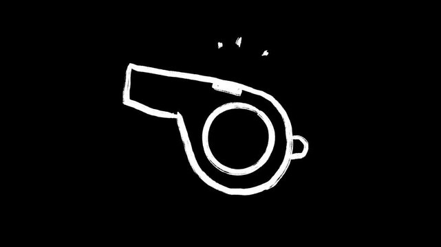 Referee whistle hand drawn animation, soccer whistle blowing, animated illustration football match foul rule, motion design cartoon scene, white doodle on black
