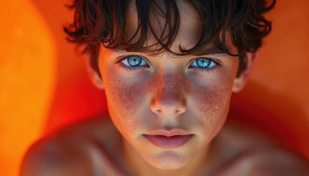 Boy with bright blue eyes and freckles, wet hair, skin glistening after swimming. Close-up portrait with orange background suggests summer fun and outdoor activity.