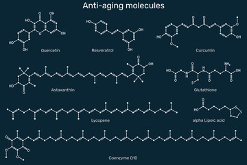 Naklejka premium Anti-aging and cellular longevity power antioxidants molecules set, quercetin, resveratrol, curcumin, astaxanthin, glutathione, lycopene, lipoic acid, coenzyme q10