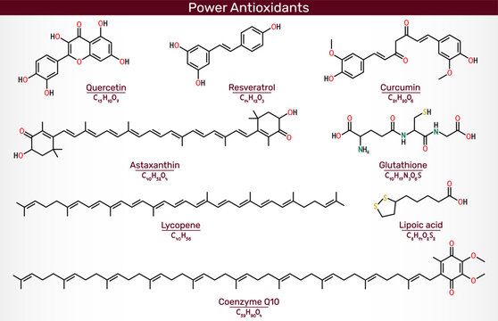 Anti-age and biohacking power antioxidants molecules set, quercetin, resveratrol, curcumin, astaxanthin, glutathione, lycopene, lipoic acid, coenzyme q10.