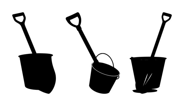Minimalist bucket and spade set in black silhouette design featuring beach toys, sand tools, playtime accessories with summer and childhood elements