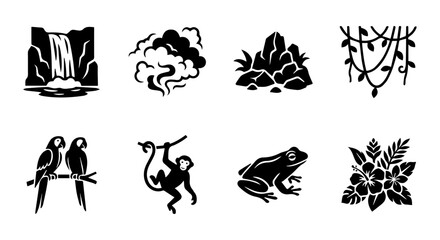 Fototapeta premium Jungle icon set, black silhouette, white background