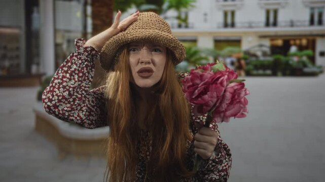 Redhead woman holding pink bouquet, raising her hand in a pleading gesture on a city street with shopfronts and planters; frustration plea.