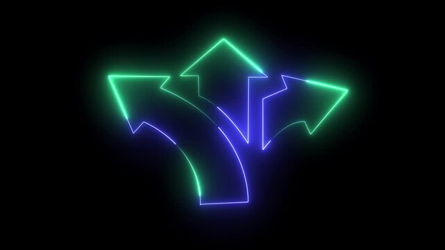 Glowing cyan color 3 side arrow animation. Directional Arrows and Symbols on black background. Arrow pointing to right, left, up 4k video