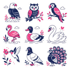 Obraz premium A vibrant collection of nine distinct bird illustrations, each rendered in a charming cartoon style with a limited color palette of pink, blue, and white.
