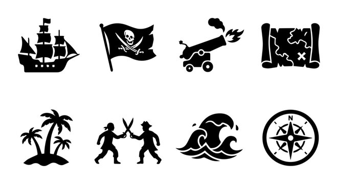 8 Pirate silhouette icons set, solid black style, treasure map, travel