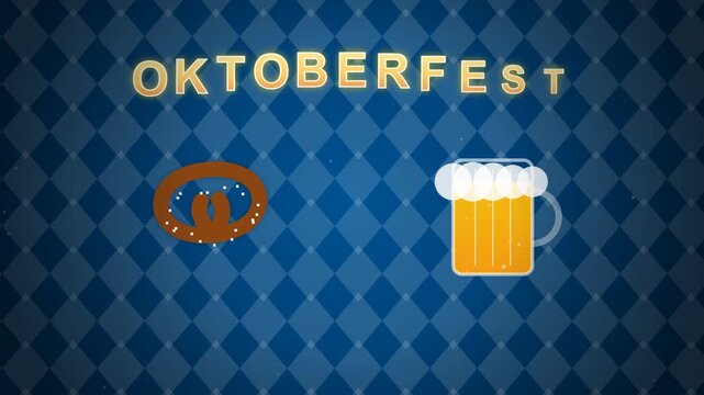 Oktoberfest celebration with a pretzel and a frothy beer mug on a blue diamond pattern background.