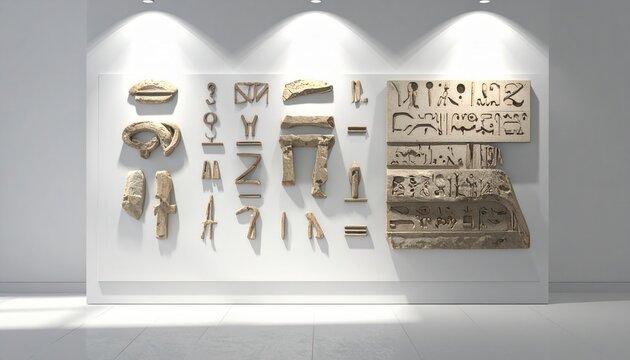 Diverse ancient scripts and hieroglyphs displayed on museum wall