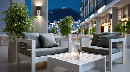 Obraz premium Night view outdoor lounge patio furniture sofa armchair table lantern, soft terrace seating, warm light, city bokeh, mountain backdrop