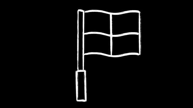 Linesman flag hand drawn animation, soccer assistant referee sign, animated illustration football offside foul, motion design cartoon scene, white doodle on black
