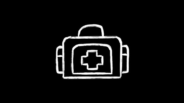 First aid kit hand drawn animation, soccer medical bag injury, animated illustration football team doctor, motion design cartoon scene, white doodle on black