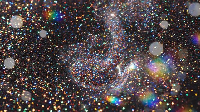 A vibrant, sparkling glitter vortex forms and expands on a dark background, showcasing fluid motion and colorful reflections.
