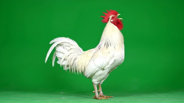 White Rooster Standing on Green Screen.