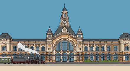 vintage train station with steam locomotive © Kawa