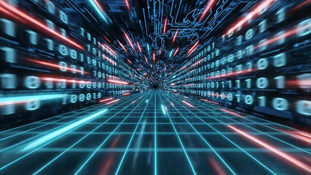 High speed binary data tunnel in futuristic digital corridor.