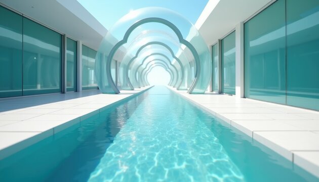 Modern architectural pathway with clear blue water canal and glass archway. Building structure features expansive glass walls and white tiled floor. Futuristic design concept for luxury living.