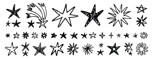 Set stars and meteorite doodle style drawn by hand. Grunge scrawls, charcoal scribbles, rough brush strokes, underline. Bold charcoal freehand stars. Crayon or marker scribbles, hand drawn. Suitable. © Yanka