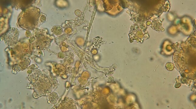 A detailed macro view of small, irregular organic clusters spread across a moist surface, possibly captured under a microscope.