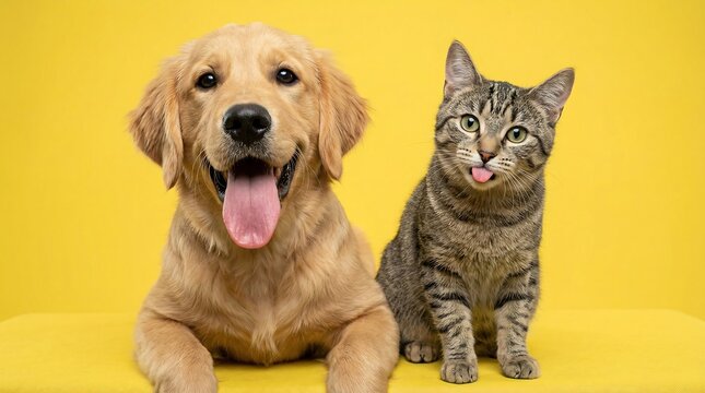Golden retriever dog with tongue out sitting beside gray tabby cat with tongue sticking out against bright yellow background in cheerful studio scene