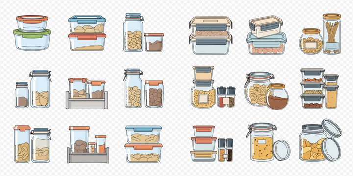 Collection of various food storage containers, including glass jars and plastic boxes, filled with dry goods for kitchen organization.