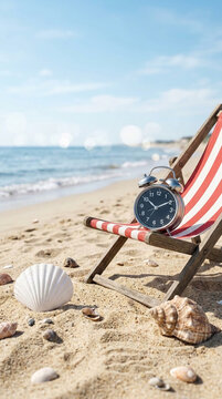 A classic alarm clock rests on a red and white striped deck chair on a sandy beach, with the ocean and sky in the background, symbolizing vacation time or the end of a holiday