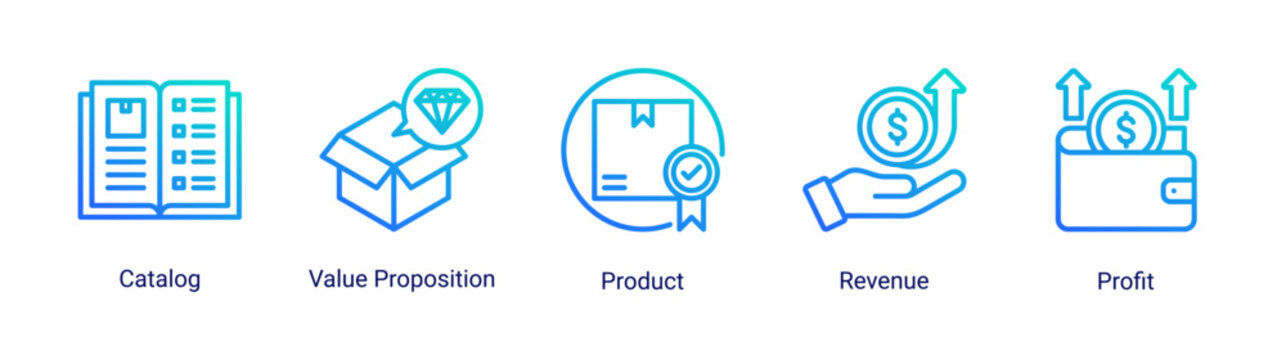 Product growth icon set with catalog,revenue,and profit icons for business development and commerce projects.