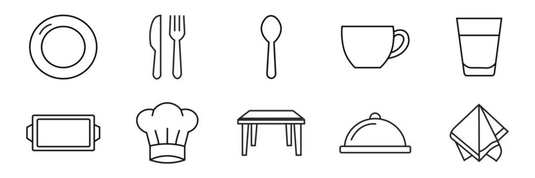 Restaurant and dining icons set featuring plates, cutlery, chef hats, serving trays, tables and food service symbols