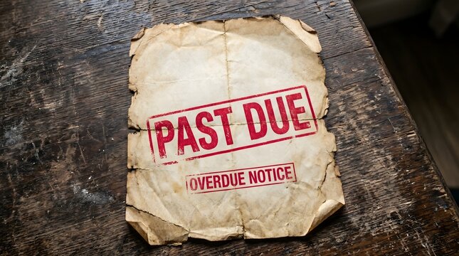 A close-up top-down view of a torn past due overdue notice on a wooden table