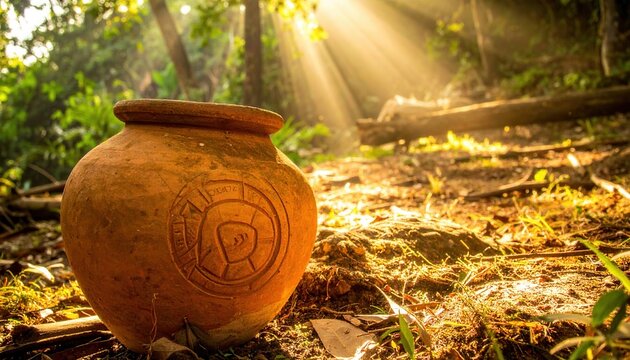 Rough clay pot with ancient impressed symbol rests outdoors amidst sunlit forest floor