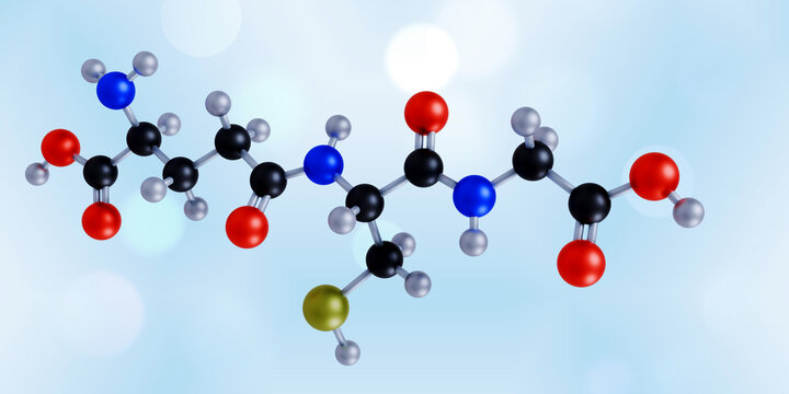 Glutathione (gsh) master antioxidant tripeptide molecule, skin lightening agent cosmetic ingredient, geroprotector cellular supplement. 3D render