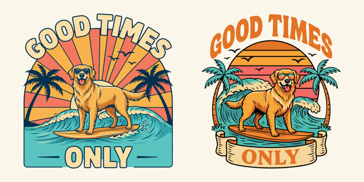 Golden retriever dog surfing on wave with palm trees and retro sunset