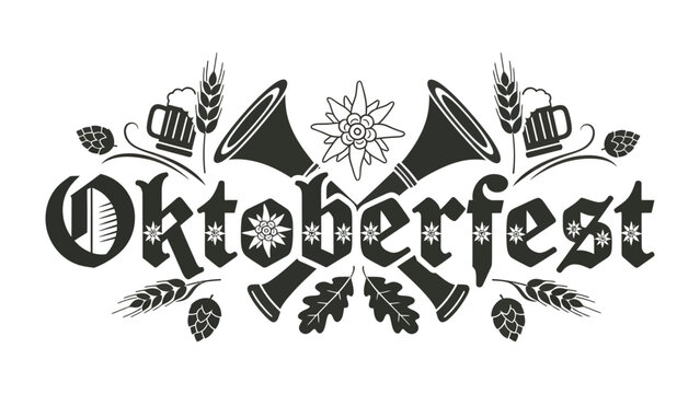 Oktoberfest Celebration Emblem: A stylized emblem featuring the word Oktoberfest in gothic font, adorned with symbols of wheat, hops, beer mugs, and alpine flowers.