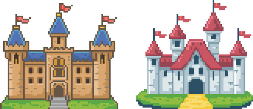 Pixel Art Castle Collection Featuring Medieval Fantasy Fortresses and Retro Game Architecture