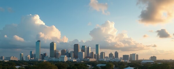Naklejka premium Wide view of city skyline with tall buildings under a cloudy sky at golden hour. Rich green trees cover the foreground, with development stretching into horizon.