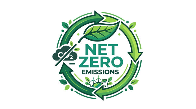 Net zero emissions logo with green leaf.